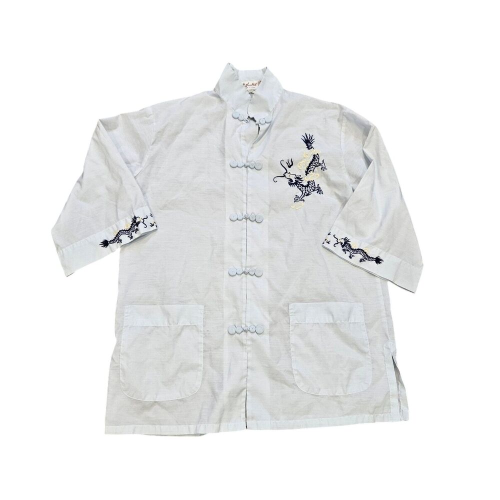 Vtg Chinese Kimono Top Womens L Blue Embroidered Dragons Pockets Short Sleeve